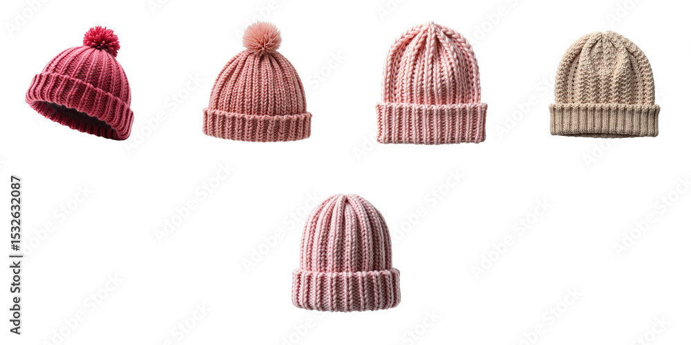 Poster knitted women's hats in various styles and colors on a transparent background featuring different te