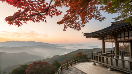 Traditional wooden terrace on the right side, overlooking a misty mountain valley at sunrise. Red maple leaves frame the top right corner, creating a serene and poetic autumn scene with soft pastel sk