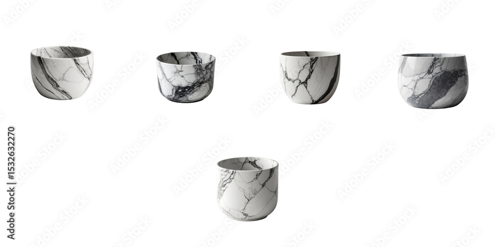Poster set of five cylindrical pots featuring various marble textures, isolated on a transparent background