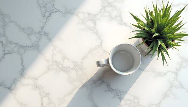 A potted plant and a white cup on a marble surface with a light shadow