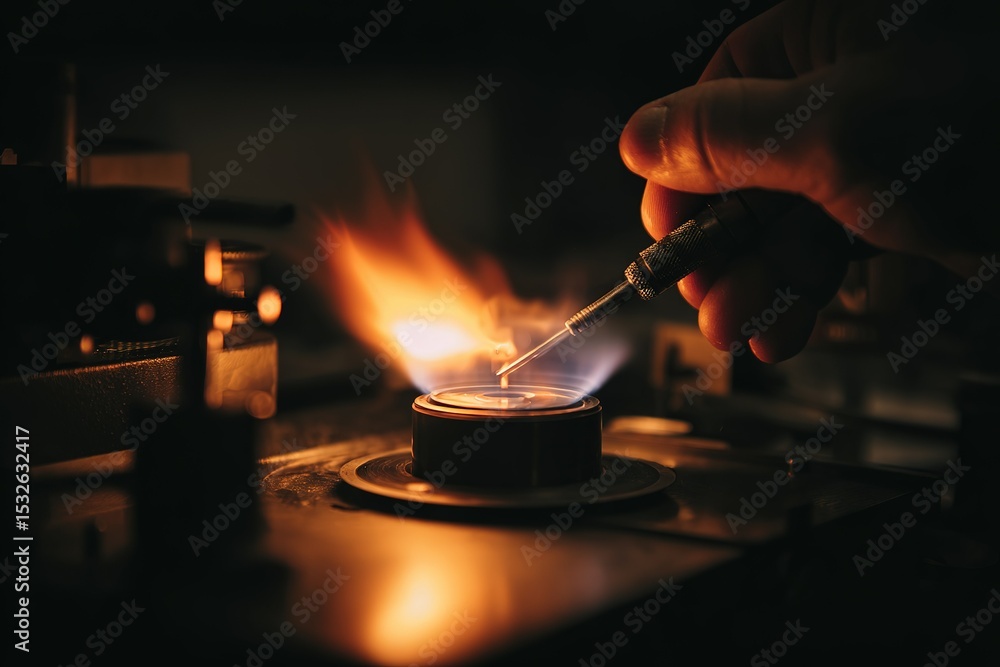 Poster crafting an intricate flame using a precision tool in a workshop setting during evening hours
