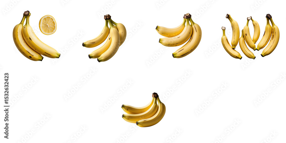 Poster group of yellow bananas in various arrangements on a transparent background with one lemon slice inc