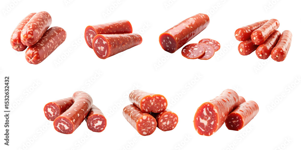 Poster assorted salami sausages displayed on transparent background featuring whole and sliced variations i