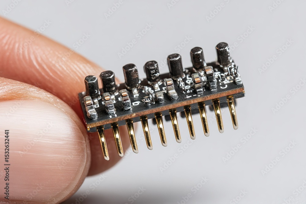 Poster detailed view of a small electronic circuit board held between fingers in a close-up setting