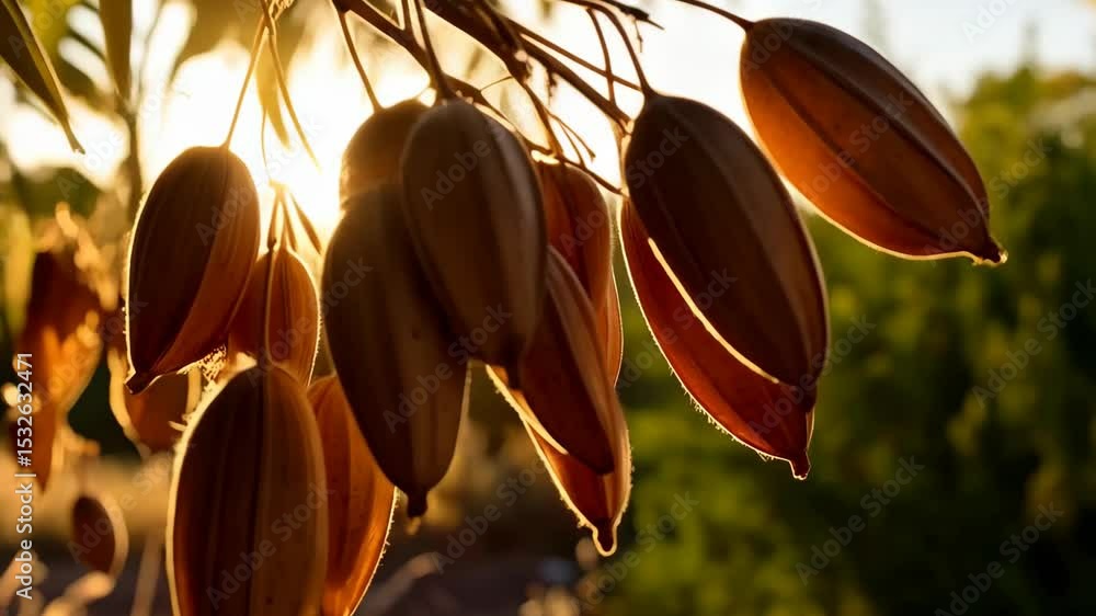 Poster beautiful cluster of dried seed pods hanging from a tree branch in golden hour light shining softly 