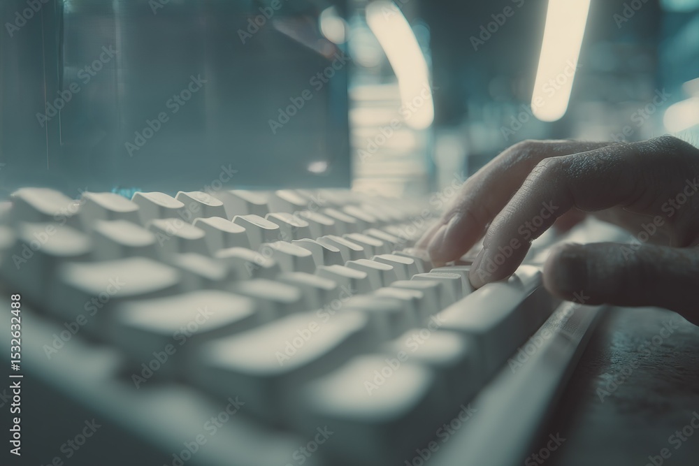 Poster hands typing on a keyboard in a modern workspace illuminated by soft lighting during late afternoon