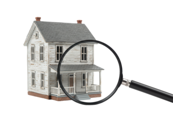 Isolated Magnifying Glass Inspecting a Miniature Old House