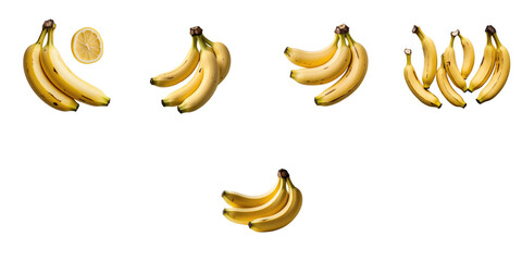 group of yellow bananas in various arrangements on a transparent background with one lemon slice included to provide contrast and variety in presentation