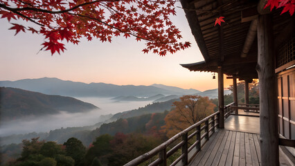 Traditional wooden terrace on the right side, overlooking a misty mountain valley at sunrise. Red maple leaves frame the top right corner, creating a serene and poetic autumn scene with soft pastel sk
