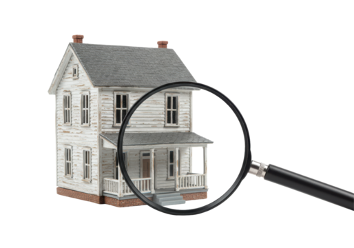 Isolated Magnifying Glass Inspecting a Miniature Old House