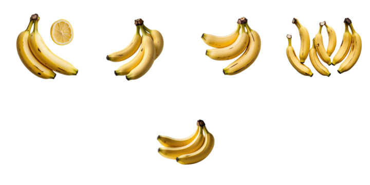 group of yellow bananas in various arrangements on a transparent background with one lemon slice included to provide contrast and variety in presentation