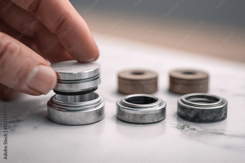Poster assembling metal components with precision in a well-lit workspace