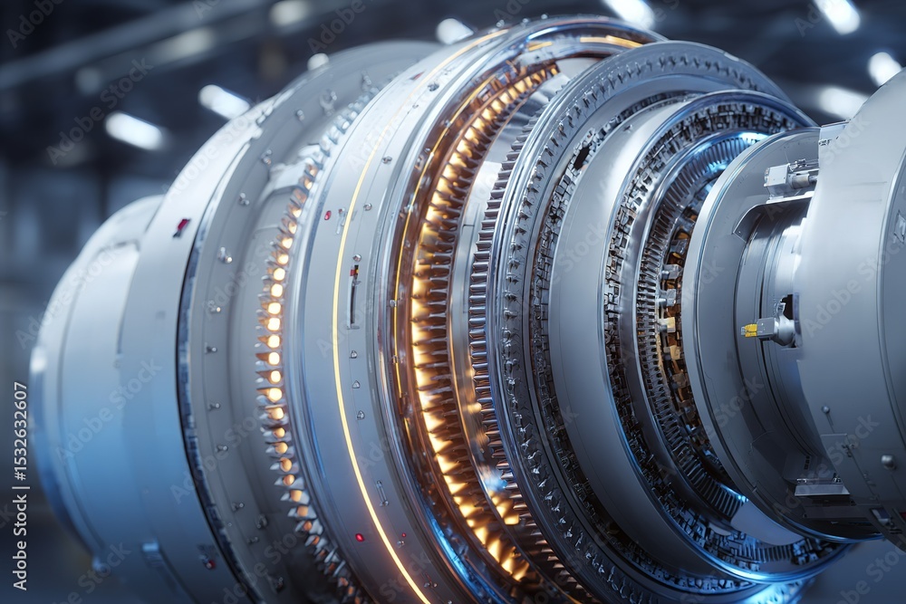 Poster intricate design of a gas turbine engine showcasing advanced technology and engineering in a modern 