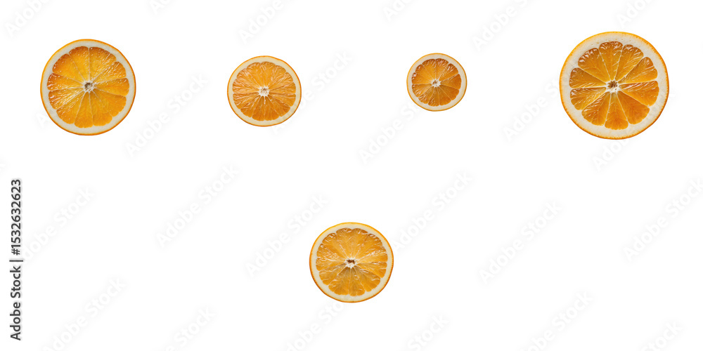 Poster slices of fresh orange arranged in varying sizes isolated on transparent background showcasing their