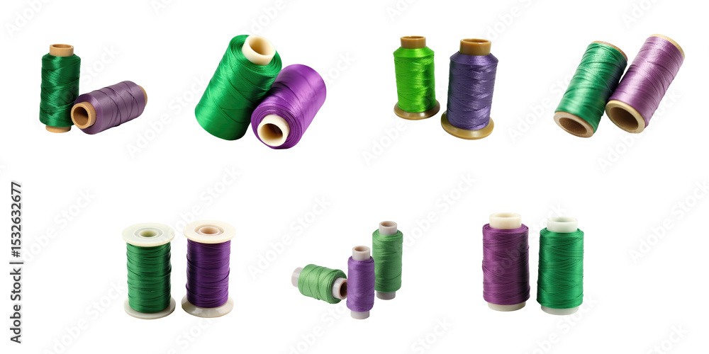 Poster various spools of green and purple thread displayed in multiple angles and arrangements isolated on 
