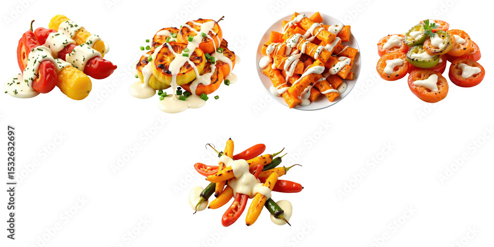 Poster grilled vegetables with various sauces arranged artistically on a transparent background featuring a