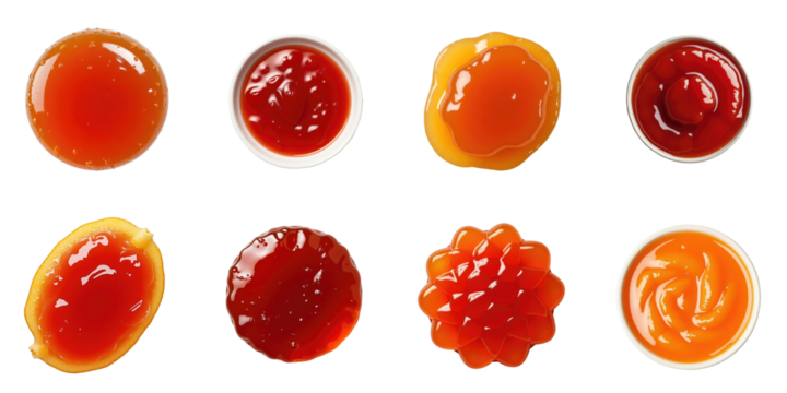 Assorted fruit jams in various shapes and colors arranged in a grid pattern on a transparent background showcasing top view of each container filled with jam