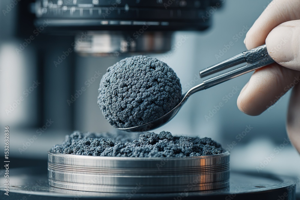 Poster hand holding a spoonful of dark material while measuring and analyzing it in a laboratory setting du