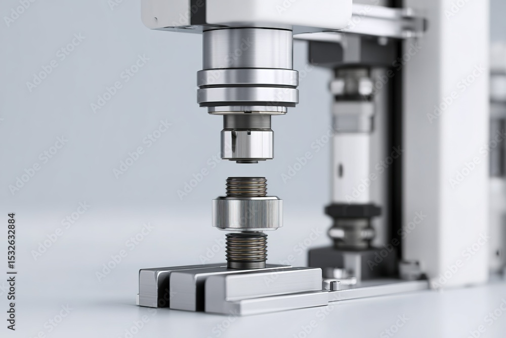 Poster precision machinery in action during assembly of metal components in a modern workshop setting