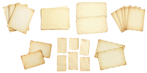 variety of vintage blank cards and paper isolated on transparent background in different shapes and sizes with aged edges for design use