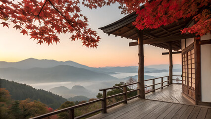 Traditional wooden terrace on the right side, overlooking a misty mountain valley at sunrise. Red maple leaves frame the top right corner, creating a serene and poetic autumn scene with soft pastel sk