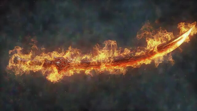 Animation of flaming katana sword with fire flowing, isolated black background, slow motion