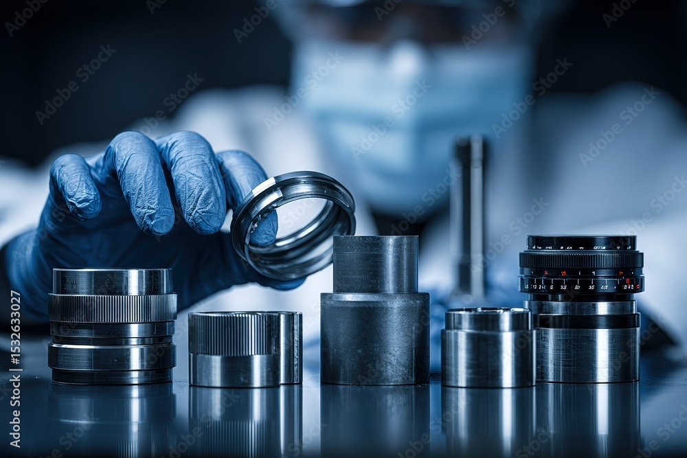 Poster careful handling of precision machinery components in a laboratory setting during quality inspection