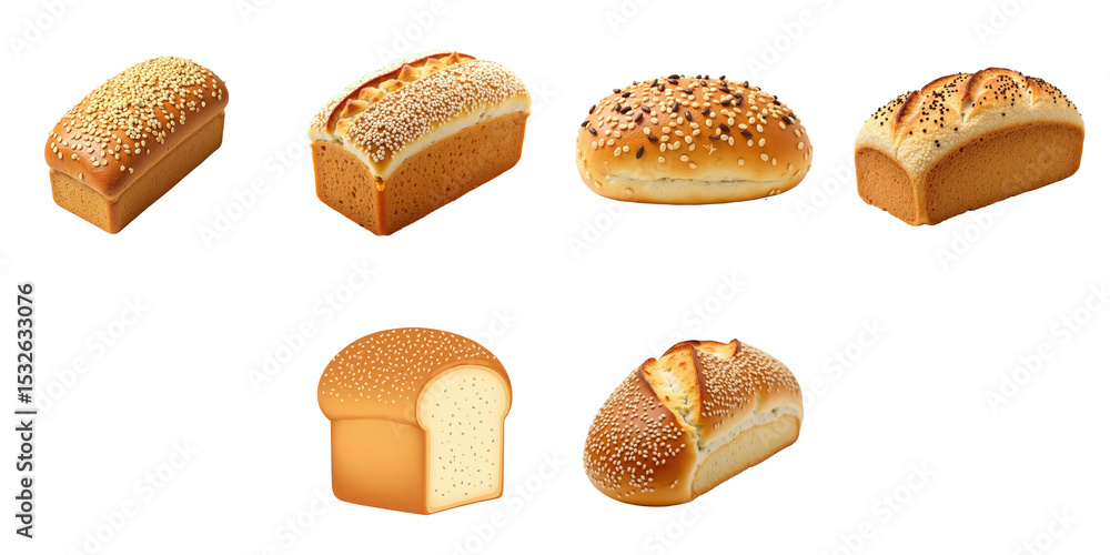 Poster assorted multigrain bread loaves with different textures and shapes on a transparent background, eac