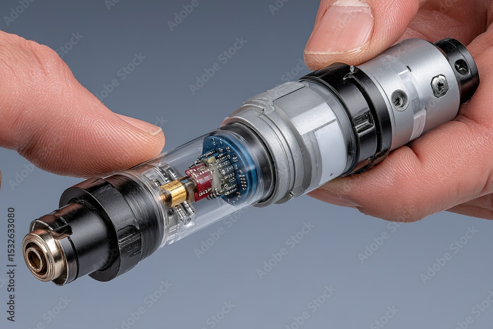 Poster innovative design of a precision instrument being held by a technician with focus on internal compon