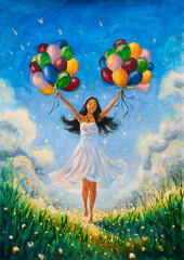 Painting of a happy girl wearing a white dress, holding colorful balloons and floating over a green meadow with flowers and a blue sky with clouds