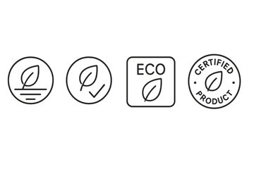 Four eco-friendly certification icons: circular and square designs with leaf symbols vector icon illustration