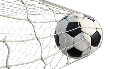  Soccer ball in net goal isolated on white background PNG. AI GENERATED