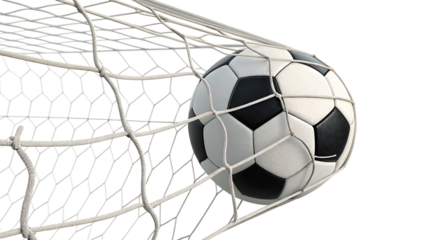  Soccer ball in net goal isolated on white background PNG. AI GENERATED
