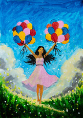 Painting of a happy girl wearing a white dress, holding colorful balloons and floating over a green meadow with flowers and a blue sky with clouds