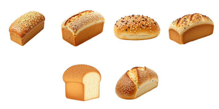 Assorted multigrain bread loaves with different textures and shapes on a transparent background, each loaf fully isolated for seamless integration into various designs and layouts.