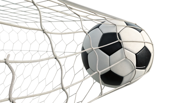  Soccer ball in net goal isolated on white background PNG. AI GENERATED