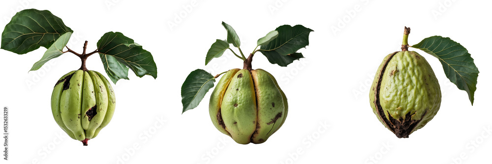 Poster rotten guava fruits with dark patches and leaves isolated on a transparent background showcasing the