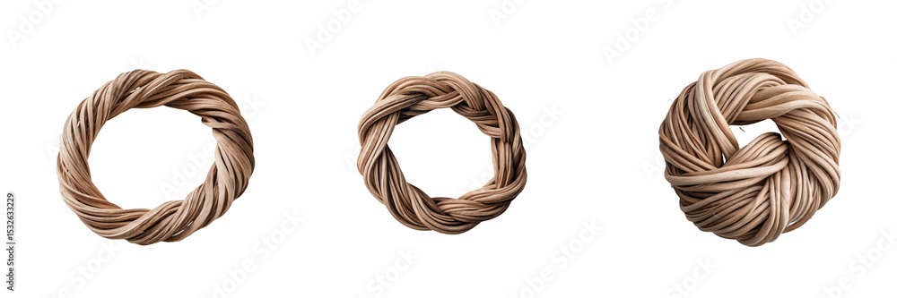 Poster three twisted wooden fiber circles arranged in varying forms isolated on a transparent background wi