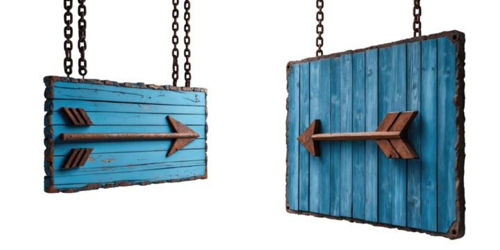 Blue wooden arrow signboard design with iron chains, showcasing a vintage style, isolated on a transparent background for versatile use. - Powered by Adobe