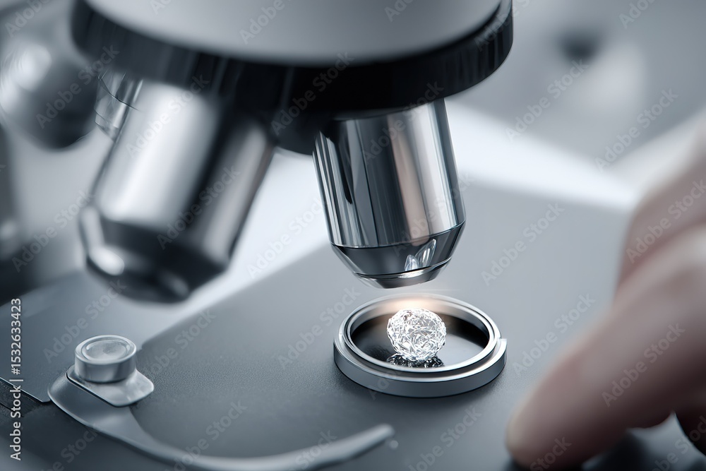 Poster microscope examines crystal structure in laboratory setting during daylight hours