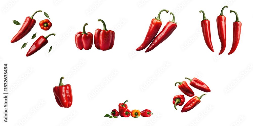 Poster various types of red sweet peppers displayed on a transparent background including whole and halved 