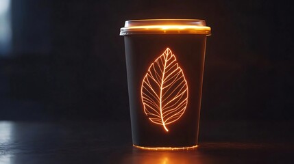 eco-friendly product design featuring a glowing leaf-inspired cup on a soft, dark background,d highlighting sustainability and organic style