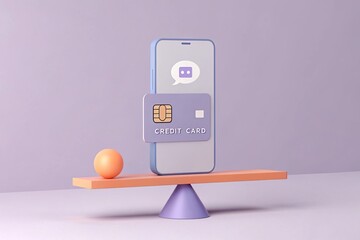 Balance Scale Featuring Credit Card and Smartphone with Chat Icon, Minimalist