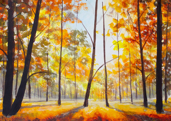 Expressive painting depicting a serene autumn forest scene, with golden foliage illuminating the trees and casting long shadows on the ground, creating a warm and inviting atmosphere