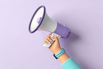 Arm Holding White Purple Megaphone Against Lavender Background For Announcement News