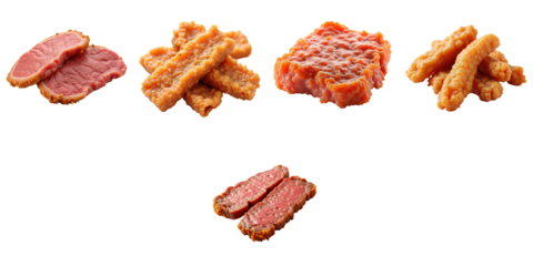 Various deep-fried meat slices including beef and pork presented on a transparent background showcasing their golden crispy texture and unique shapes