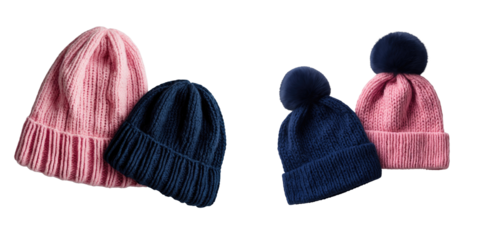 Knitted hats in pink and dark blue with ribbed texture displayed on a transparent background featuring a pom pom detail on one of the hats
