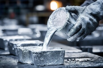 Workers pouring molten metal into molds in a factory during the day