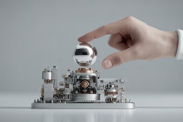 Innovative technology creation featuring a hand manipulating a metallic sphere above a detailed futuristic cityscape model