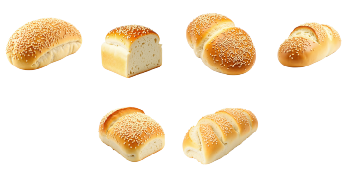 assortment of sesame seed topped bread loaves and rolls isolated on a transparent background featuring different shapes and sizes including a cut loaf